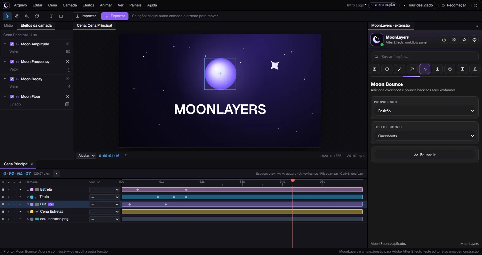 Editor de demonstração com a cena, a timeline e o painel MoonLayers aberto na aba Moon Bounce.