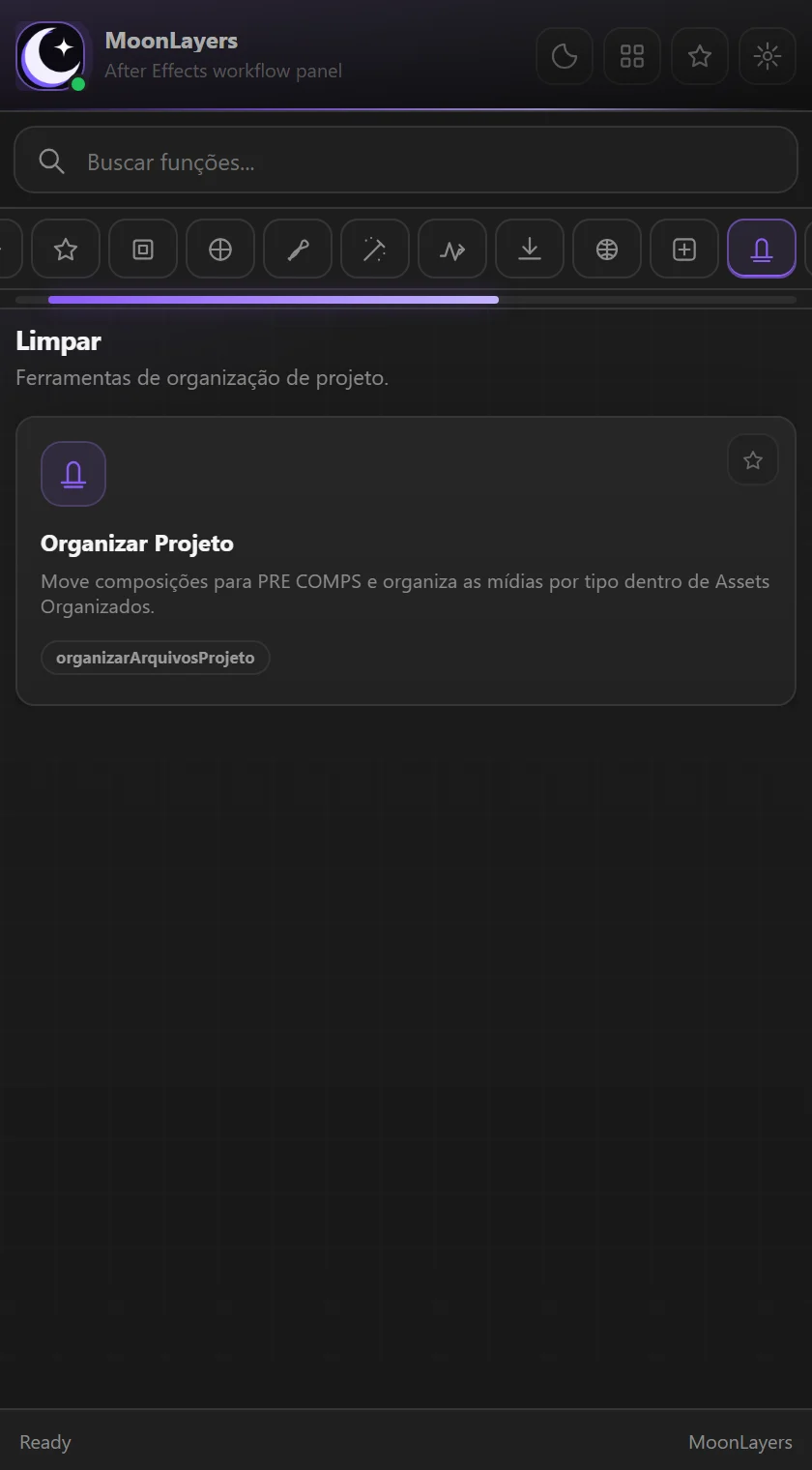 Aba Limpar do MoonLayers com a ferramenta de organizar o projeto