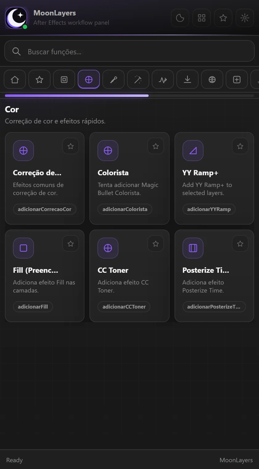 Aba Cor do MoonLayers com efeitos de correção de cor