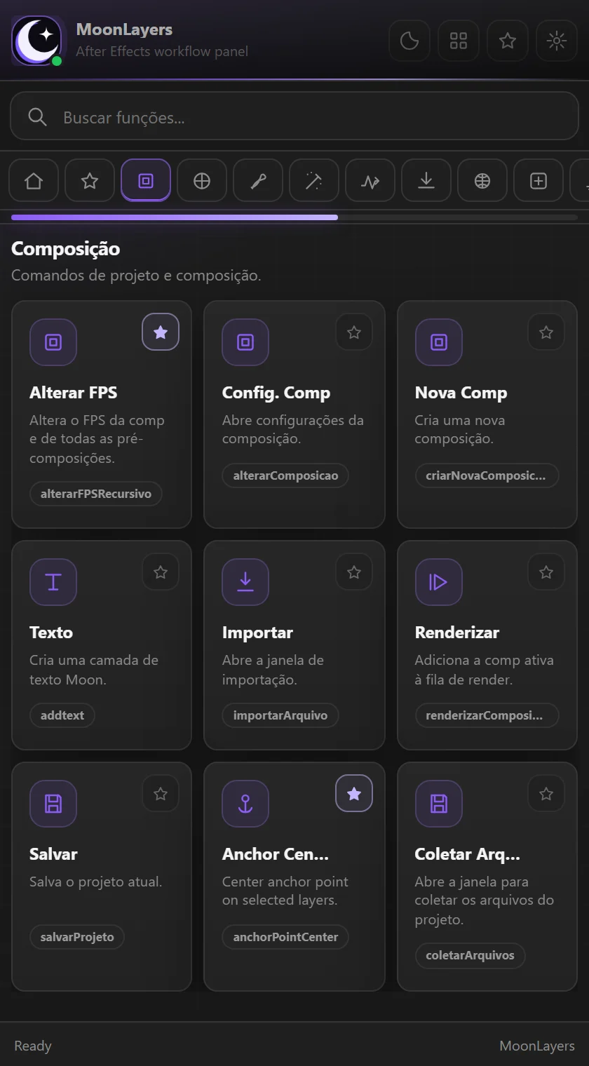 Aba Composição com ferramentas como Alterar FPS e Anchor Center.