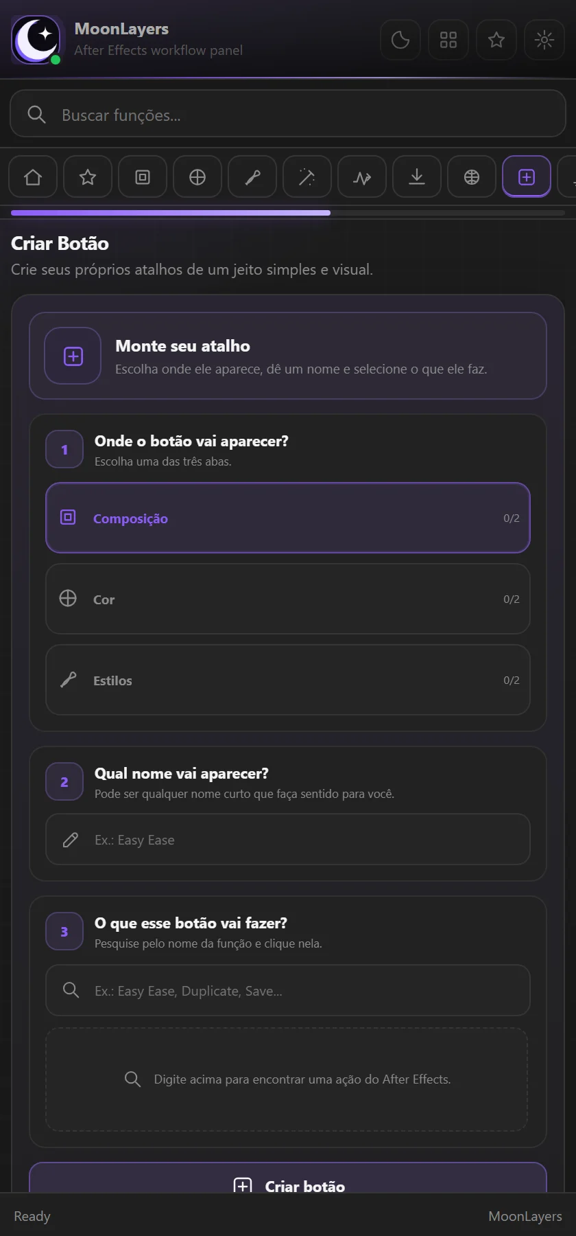 Aba Criar Botão com os três passos para montar um atalho.