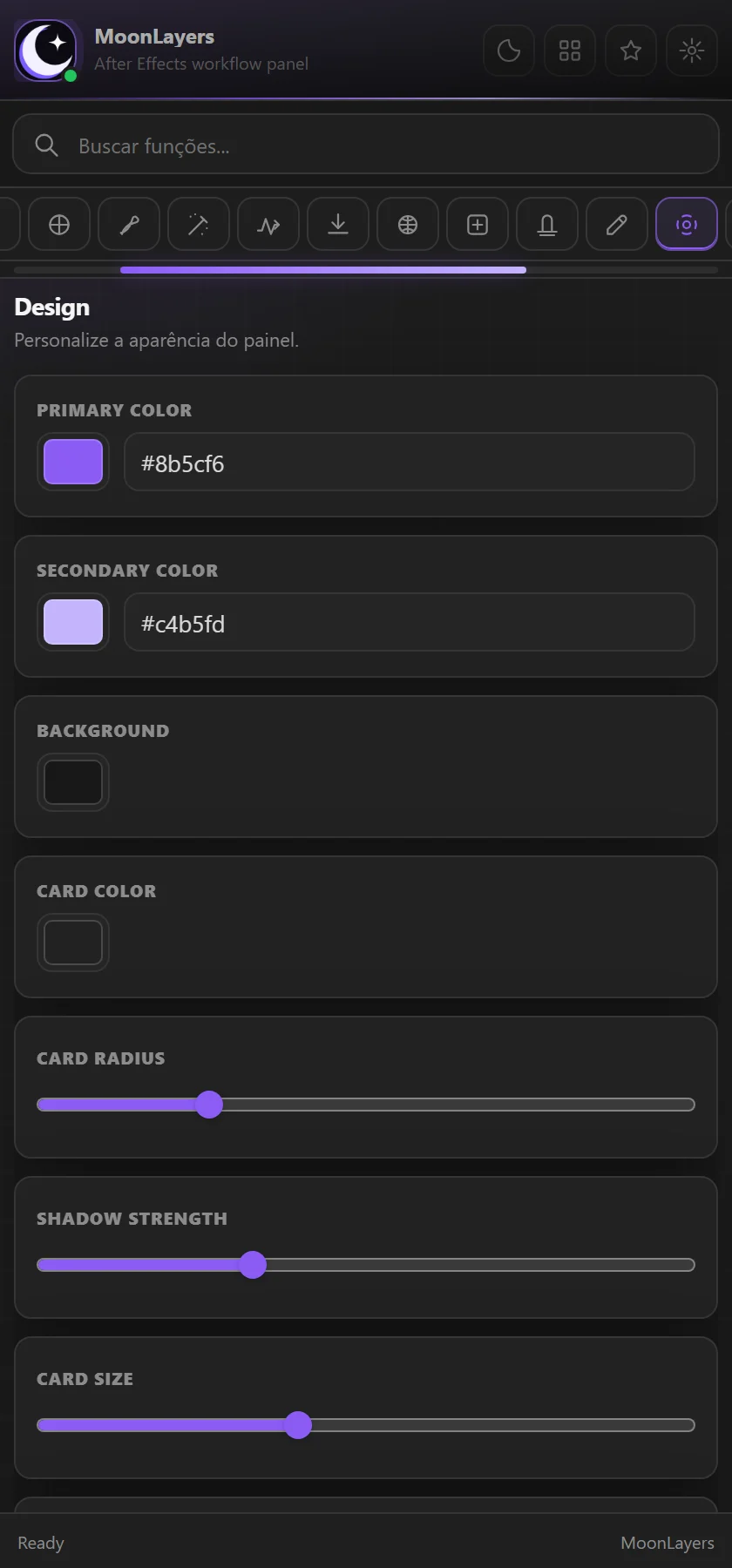 Aba Design do MoonLayers com opções de cor e layout do painel