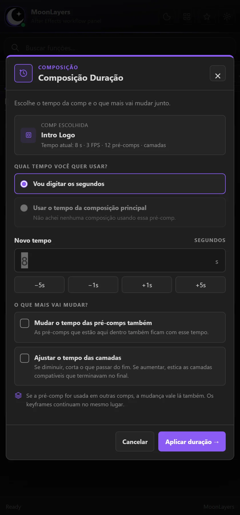 Janela Composição Duração com opções para pré-comps e camadas.