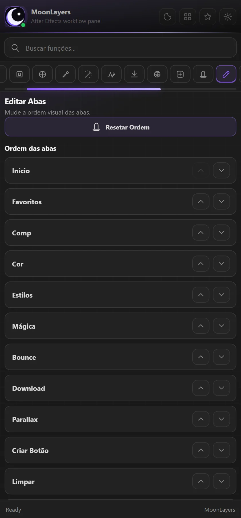 Tela do MoonLayers para editar a ordem das abas do painel
