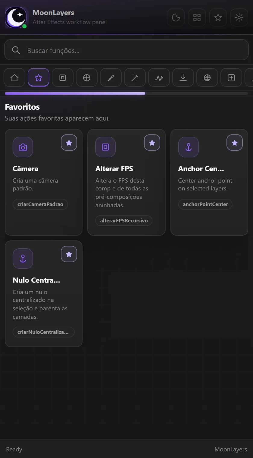 Aba Favoritos com Câmera, Alterar FPS, Anchor Center e Nulo Centralizado.
