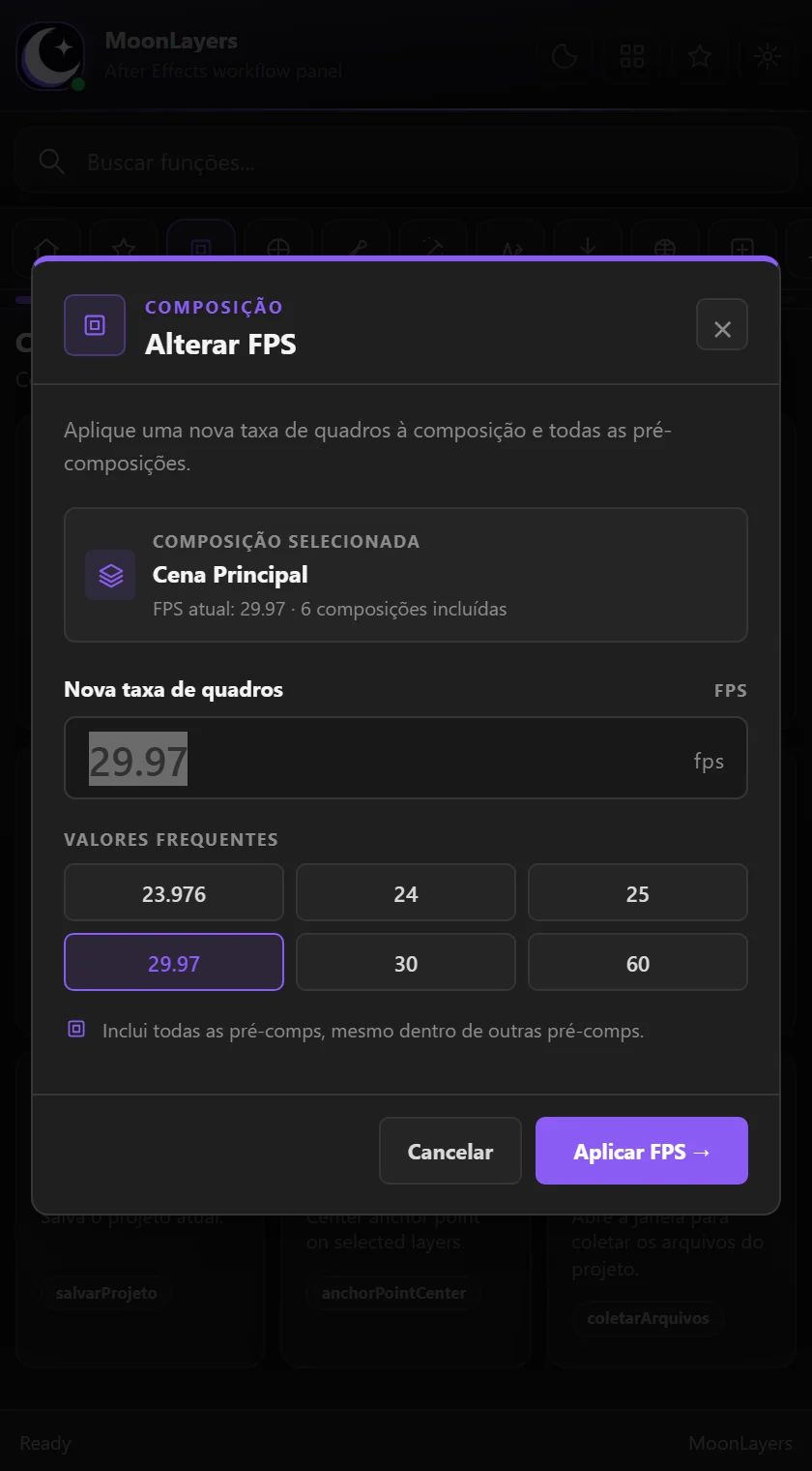 Janela Alterar FPS com valores frequentes como 23.976, 24, 25, 29.97, 30 e 60.