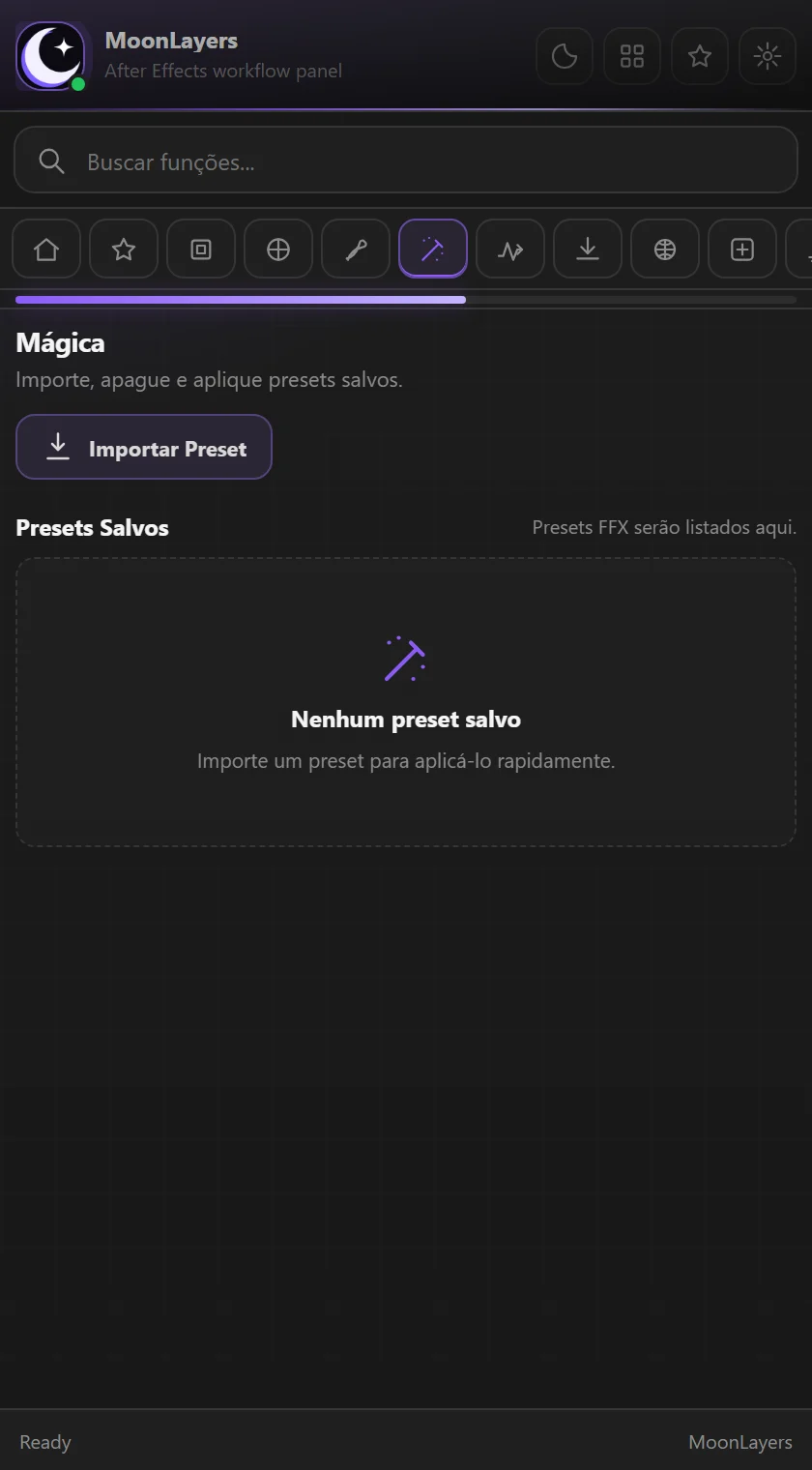 Aba Mágica com botão Importar Preset e lista de presets salvos.