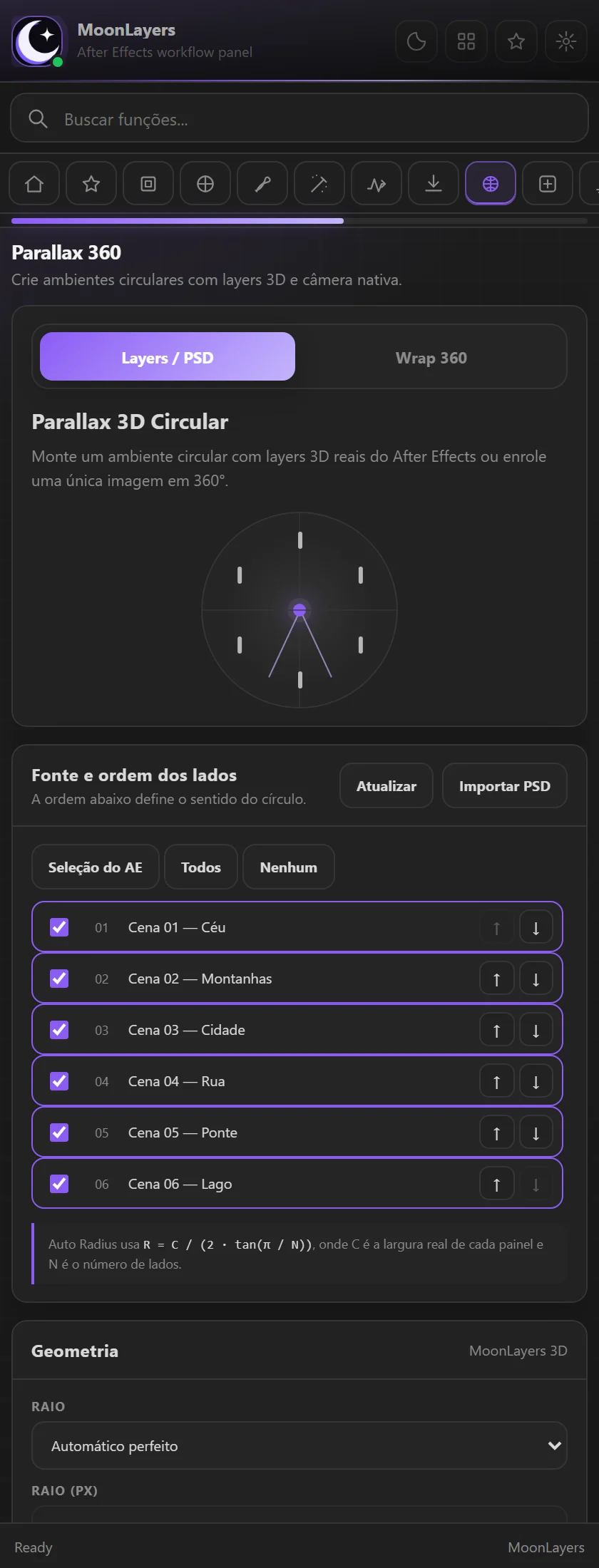 Aba Parallax 360 com prévia circular e lista de layers.