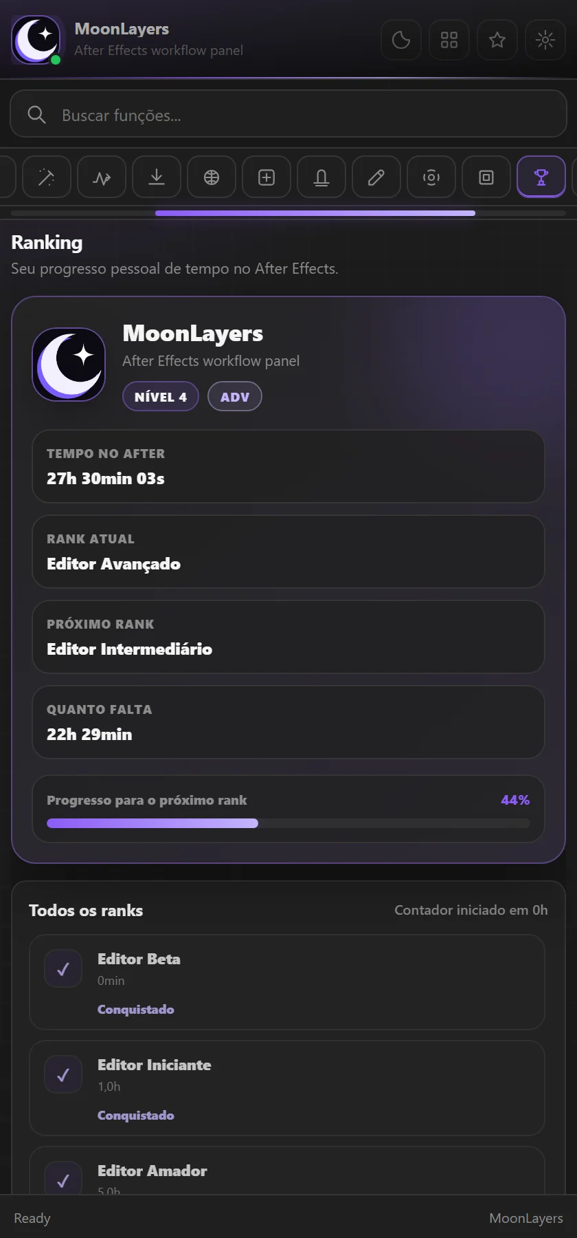 Ranking pessoal do MoonLayers com o tempo de edição e os níveis