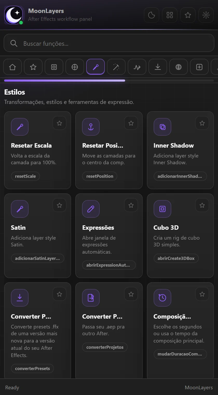 Aba Estilos do MoonLayers com transformações, layer styles e ferramentas de expressão